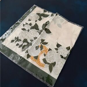 Elegant Women's  Scarf - White Floral Print with Green Leaves